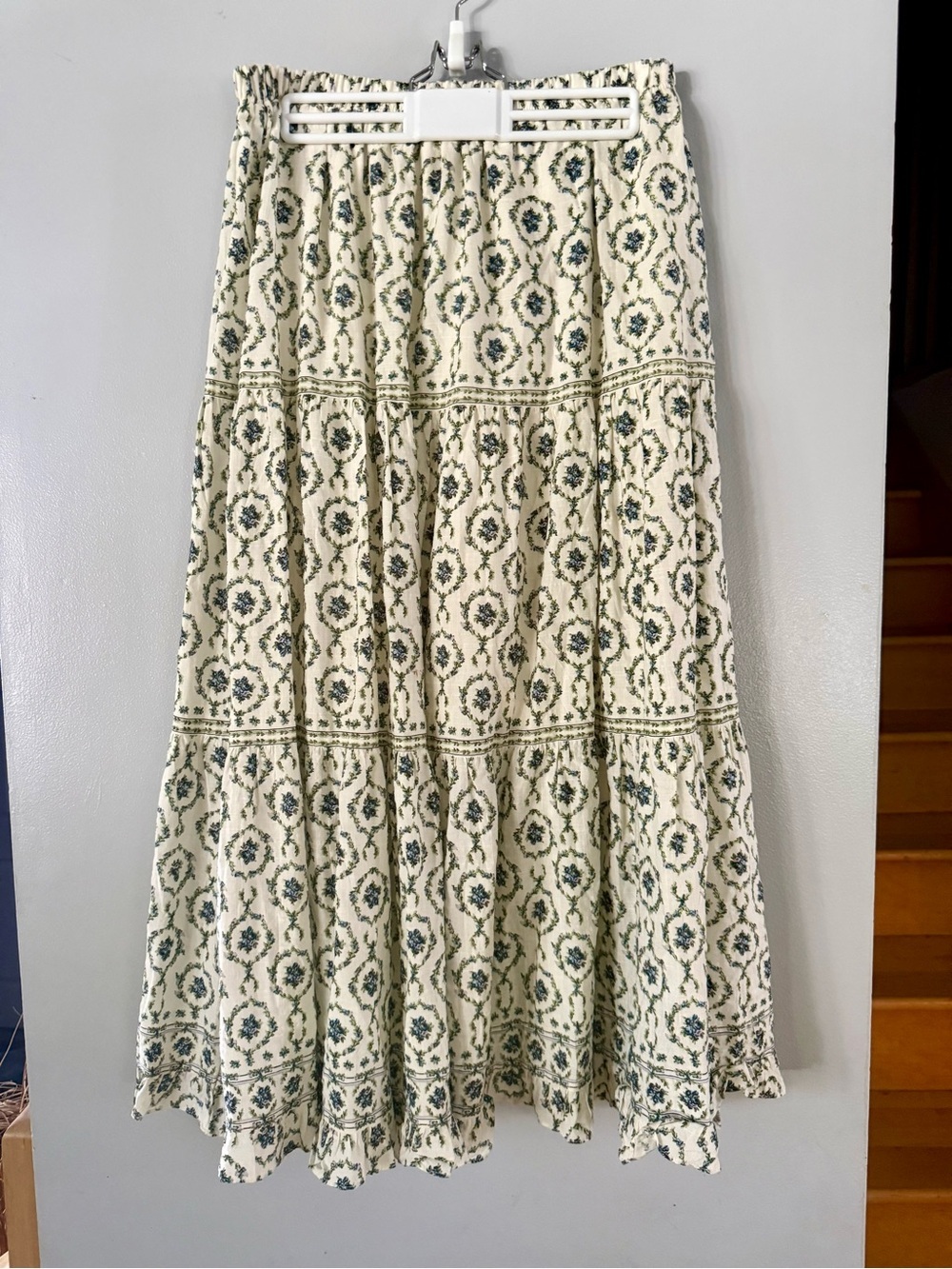 MAX STUDIO Floral Wreath Print Tiered Cotton Blend Maxi Skirt Large